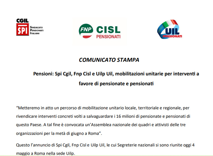 Comunicato unitario Spi Cgil, Fnp Cisl e Uilp Uil